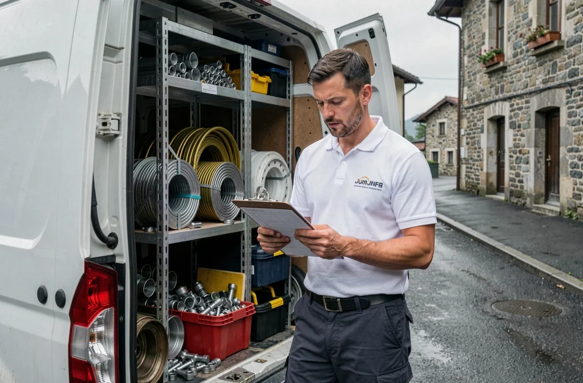 Technicien de Martin SARL préparant ses outils devant son véhicule de service dans une ville du Jura