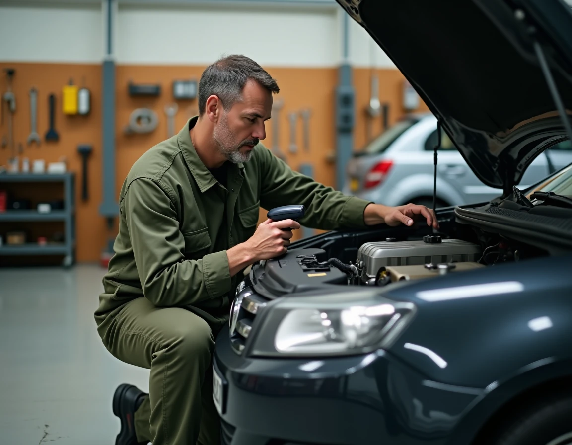 Mécanicien professionnel utilisant un scanner de pièces dans un atelier de réparation automobile