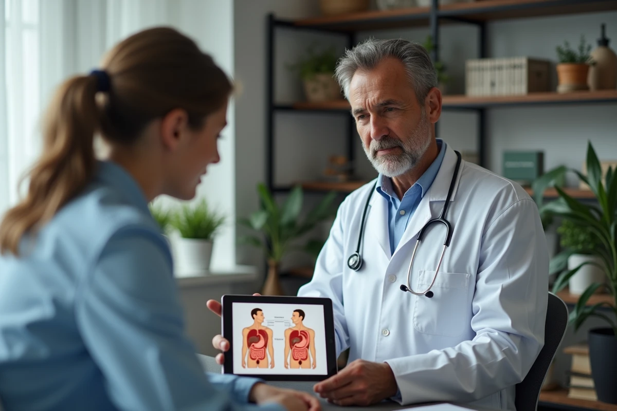 Medecin montrant le systeme digestif a un patient
