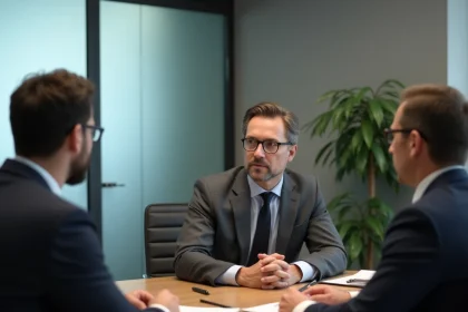 Médiateur professionnel en costume gris animant une séance de médiation autour d'une table ronde dans une salle de réunion moderne