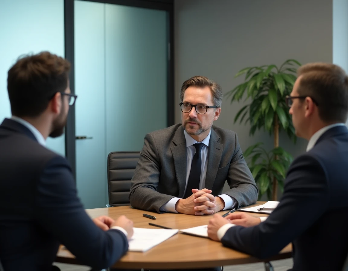 Médiateur professionnel en costume gris animant une séance de médiation autour d'une table ronde dans une salle de réunion moderne