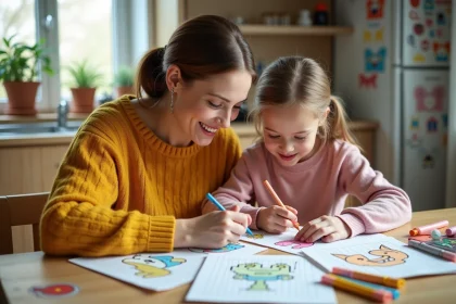 Mère et fille dessinant ensemble du pixel art kawaii sur papier quadrillé à la table de cuisine familiale
