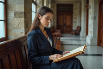 Avocate consultant des documents juridiques dans un couloir de palais de justice, illustrant une mesure d'éloignement judiciaire