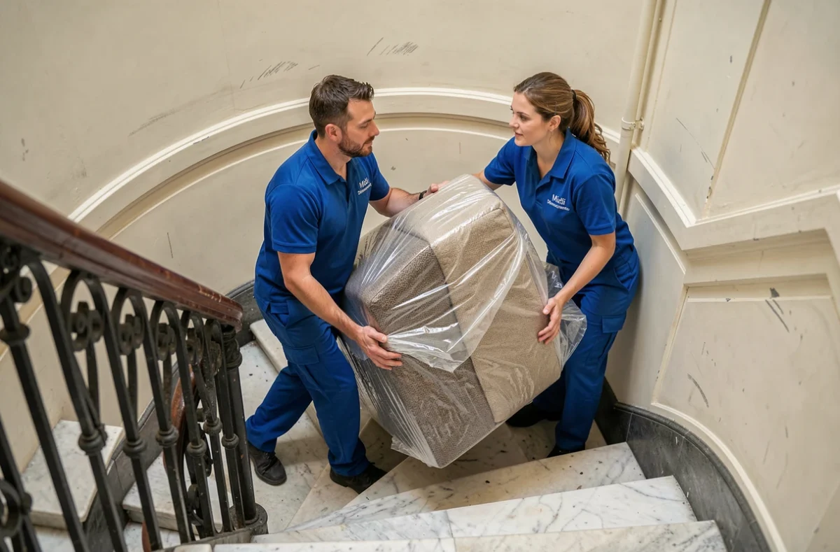 Deux déménageurs de Midi Déménagements en uniformes bleus manœuvrant un canapé emballé dans l'escalier étroit d'un immeuble français