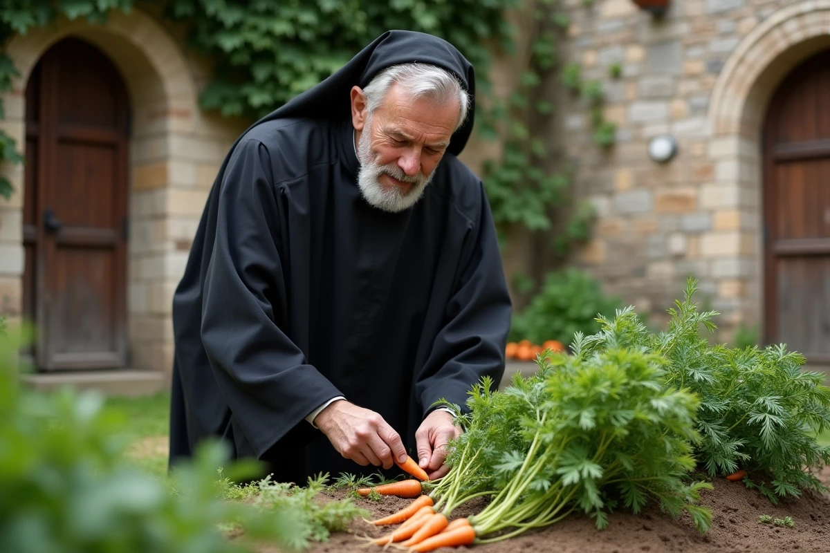 Moine en robe noire récoltant des carottes dans le jardin