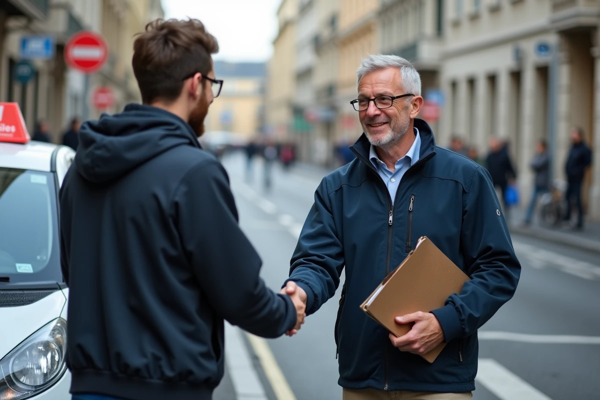 Moniteur de conduite saluant un élève devant une voiture d