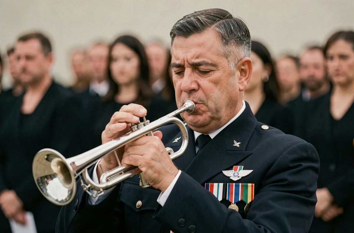 Portrait en gros plan d'un musicien militaire jouant de la trompette lors d'une commémoration solennelle