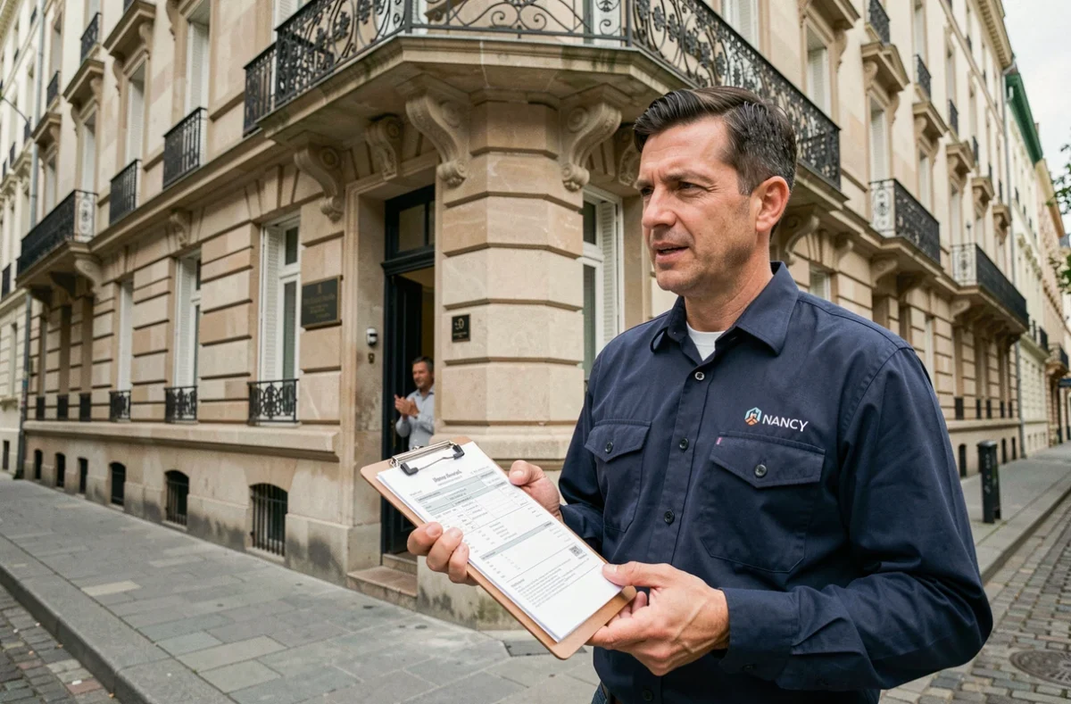 Électricien de Nancy Electricien discutant d'une intervention avec un client devant un immeuble à Nancy