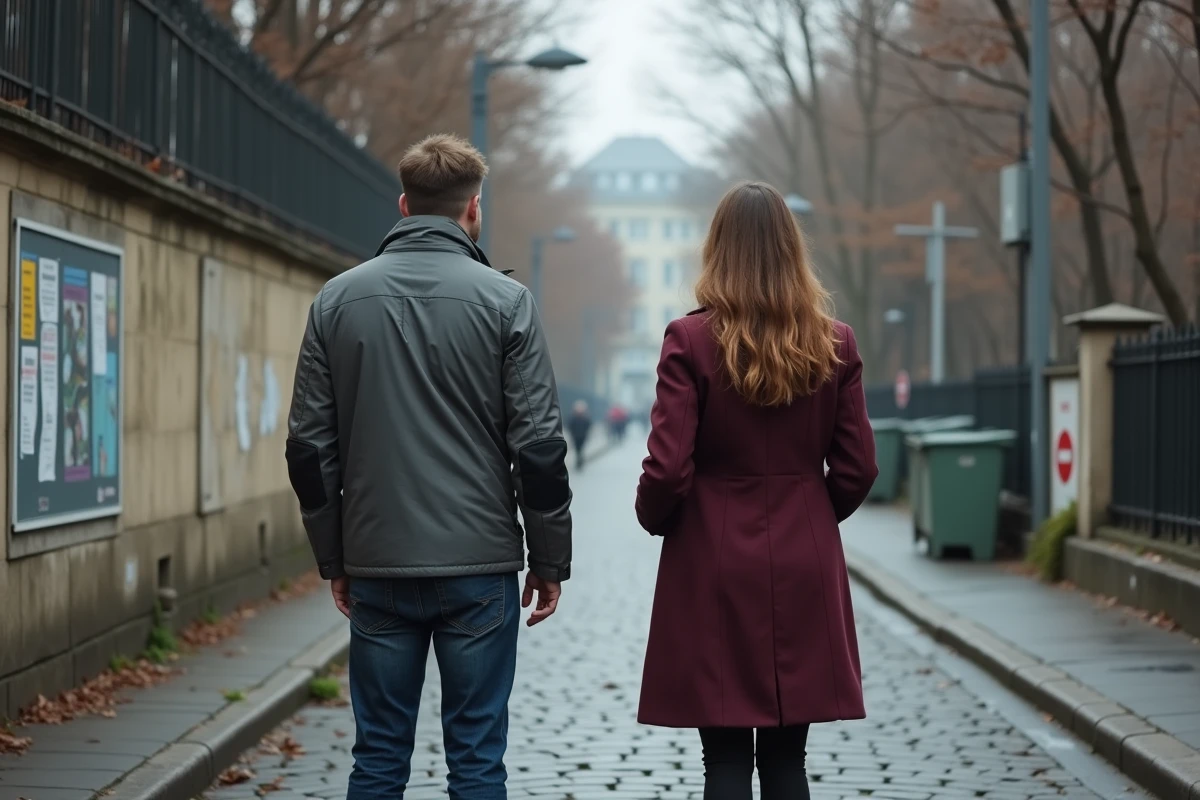 Deux personnes séparées sur un trottoir urbain illustrant le non-respect d'une mesure d'éloignement judiciaire