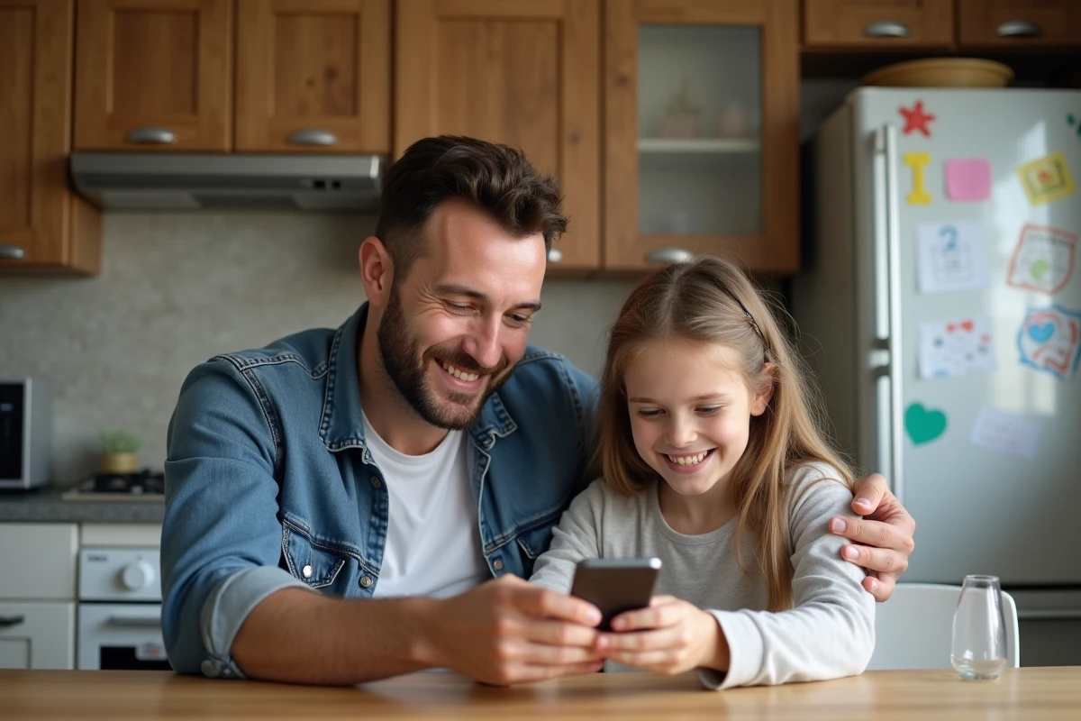 Père et fille souriants regardant un smartphone à la cuisine