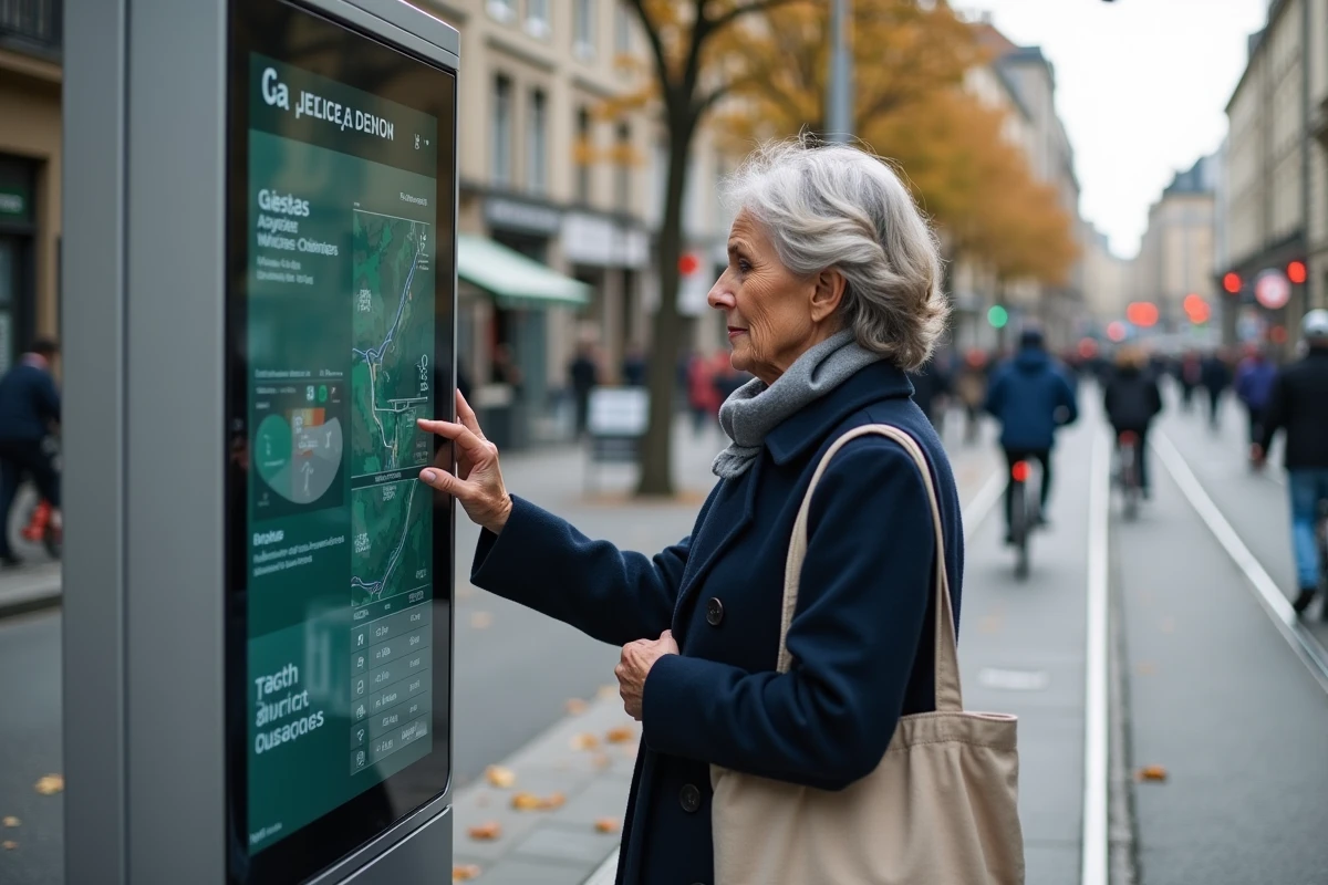Femme consultant un panneau d'information numérique à un arrêt de tramway rénové à Nantes