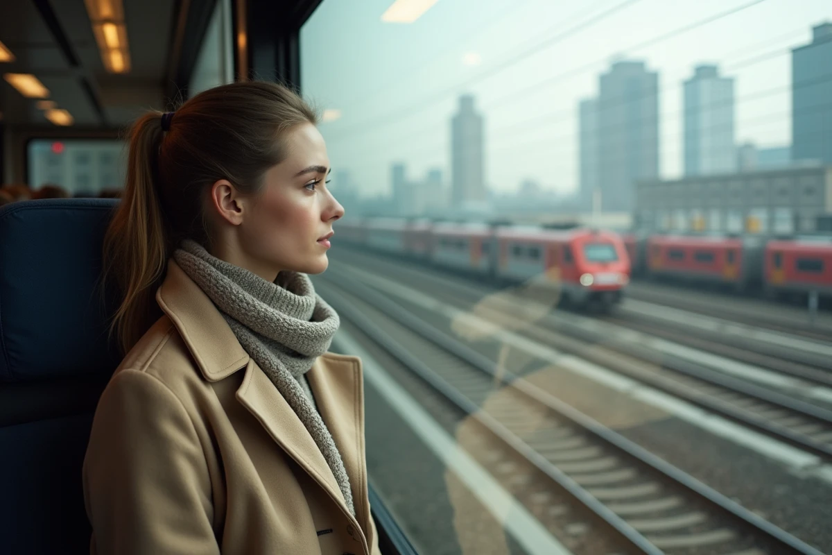 Jeune femme regardant par la fenêtre d’un train à grande vitesse