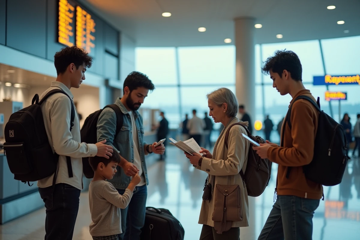 Groupe de voyageurs dans un terminal aéroport moderne
