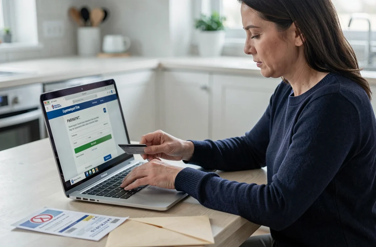 Une femme payant une amende de contravention en ligne avant d'avoir contesté, erreur courante qui annule le droit de recours