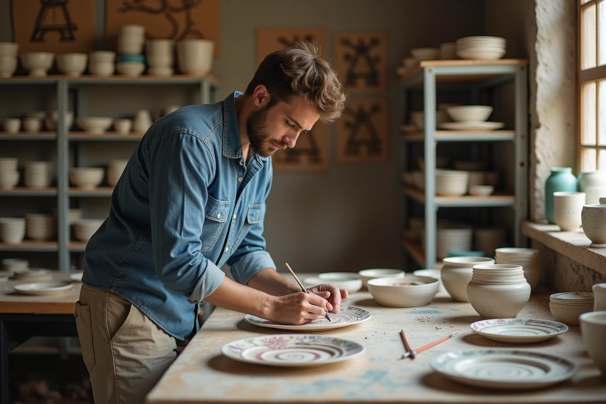 Jeune artisan peignant des motifs colorés sur des céramiques