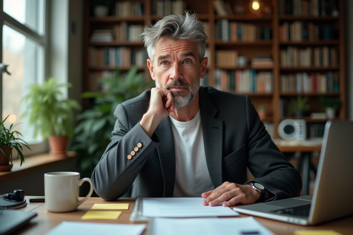 Personne introvertie en réflexion devant un bureau créatif pour illustrer l'écriture d'humour noir