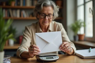 Femme pesant une enveloppe sur une balance postale numérique pour optimiser l'affranchissement de son courrier