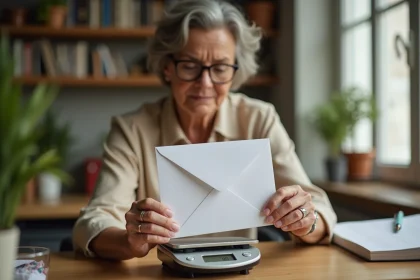 Femme pesant une enveloppe sur une balance postale numérique pour optimiser l'affranchissement de son courrier