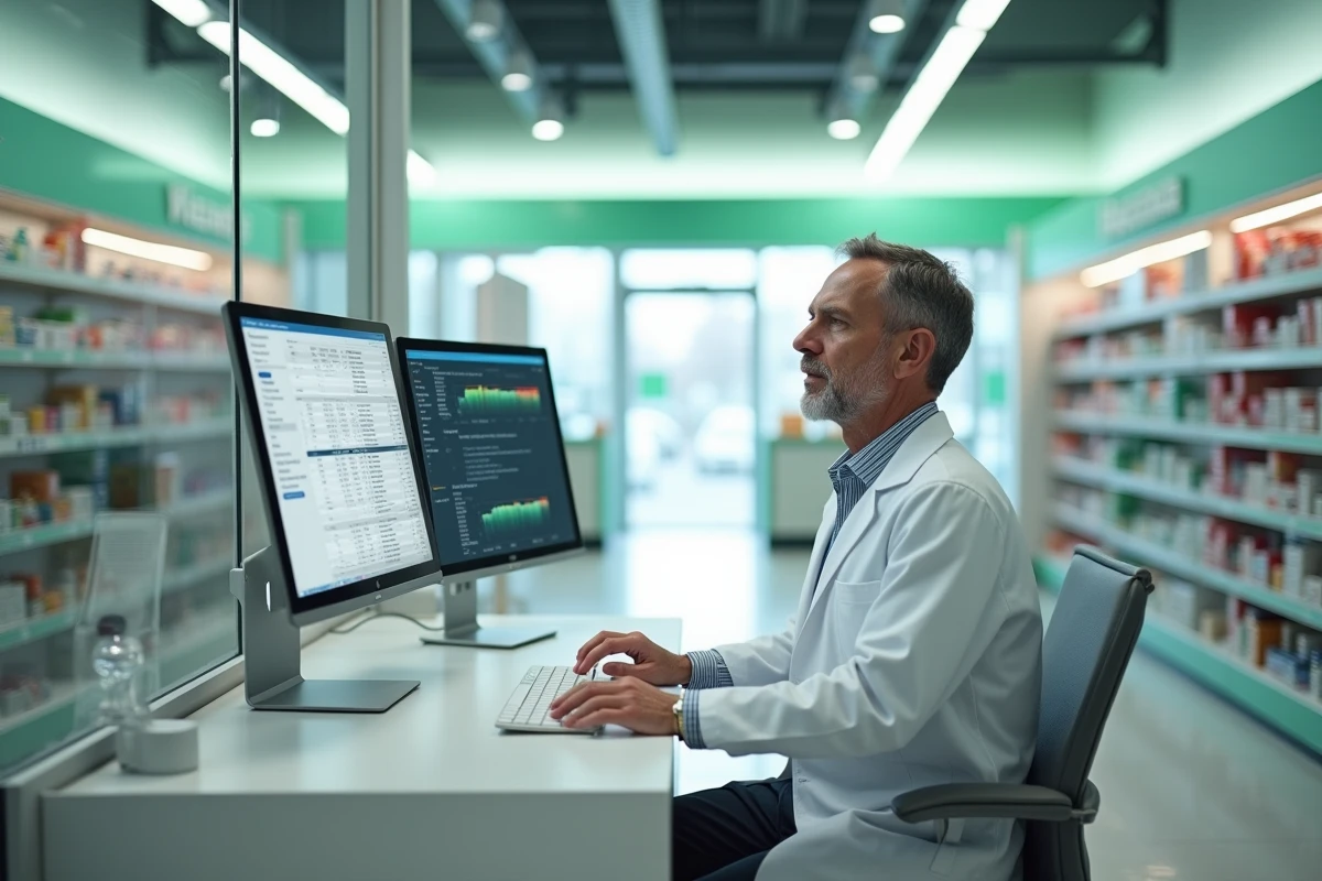 Pharmacien titulaire travaillant sur un logiciel de gestion dans une officine appartenant à un réseau structuré de pharmacies