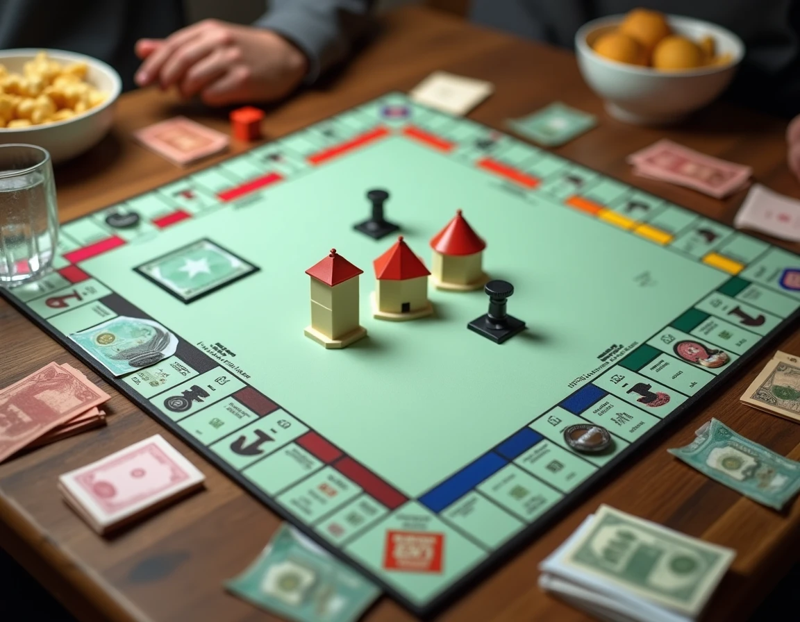 Vue aérienne d'un plateau de Monopoly en pleine partie avec cartes de propriété et billets colorés