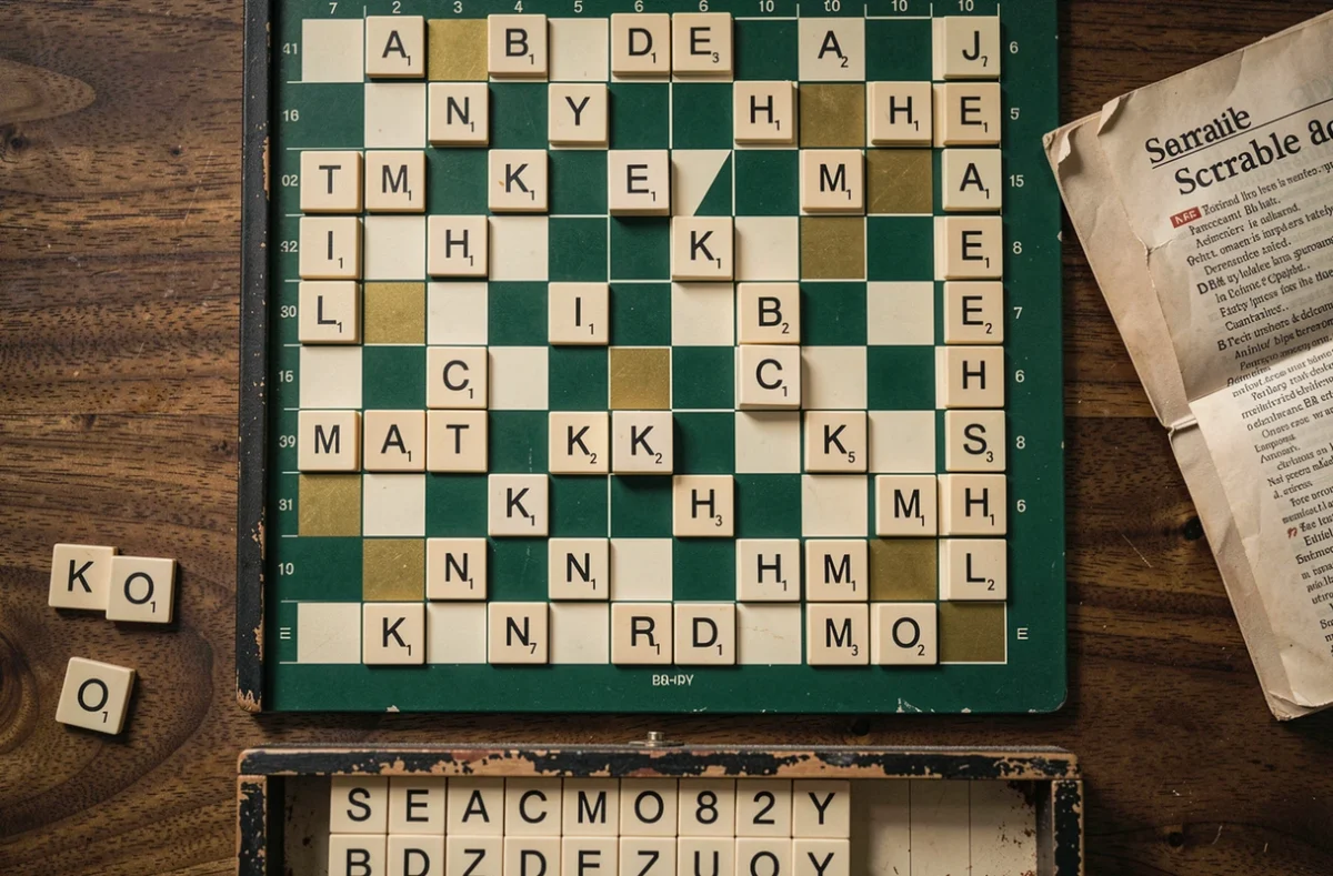 Vue de dessus d'un plateau de Scrabble avec le mot KO posé sur une case bonus, entouré d'autres lettres et d'un dictionnaire ouvert