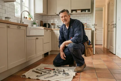 Plombier professionnel en intervention d'urgence dans une cuisine française, illustrant les services de plomberie dans le Jura