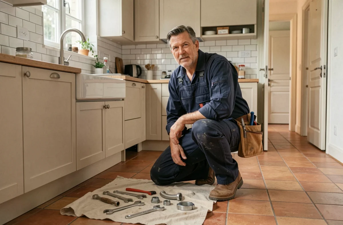 Plombier professionnel en intervention d'urgence dans une cuisine française, illustrant les services de plomberie dans le Jura