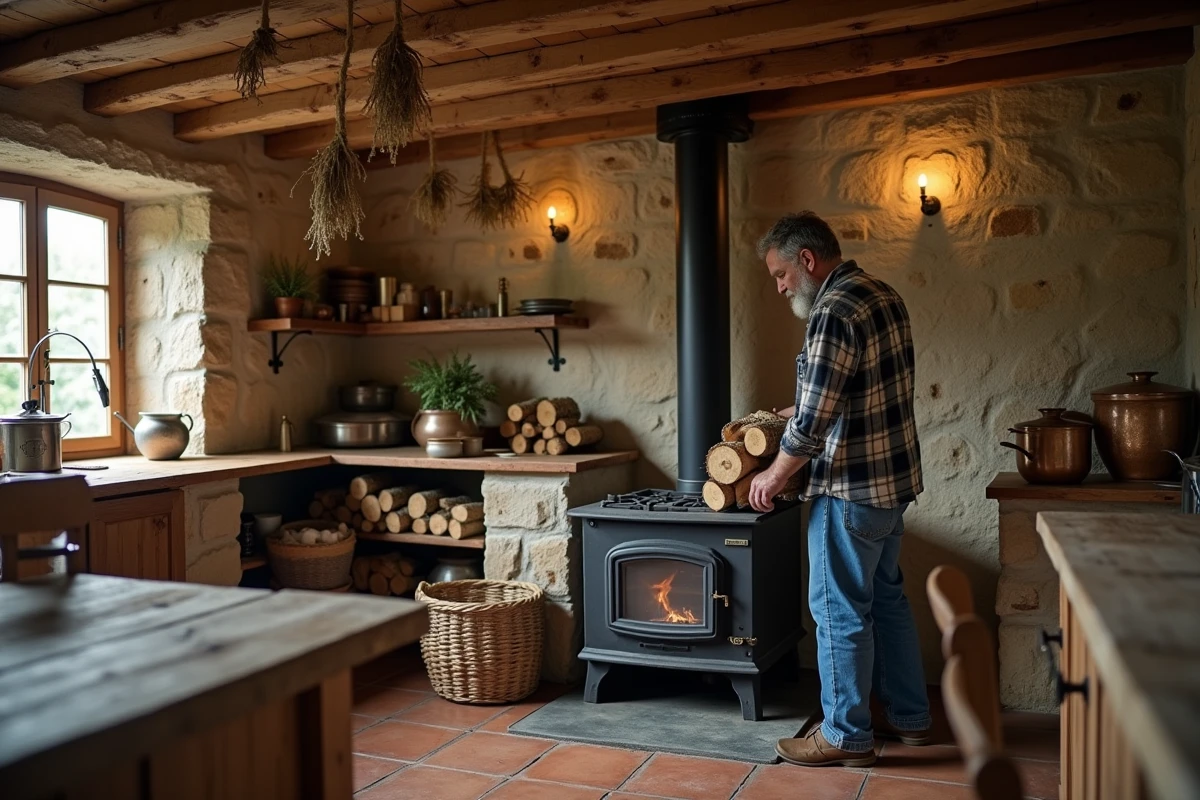 Homme empilant des bûches de bouleau près d'un poêle à bois en fonte avec flammes visibles dans une cuisine de ferme rustique