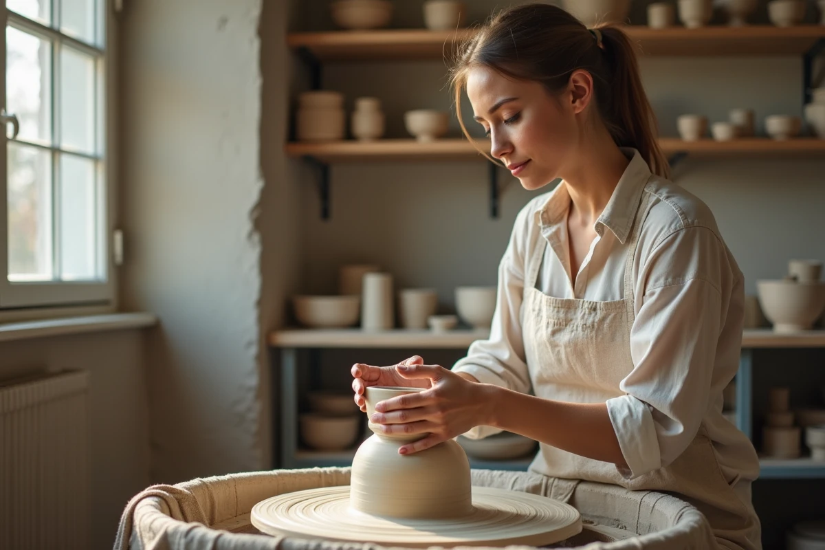 Jeune femme façonnant de la poterie sur un tour dans son studio