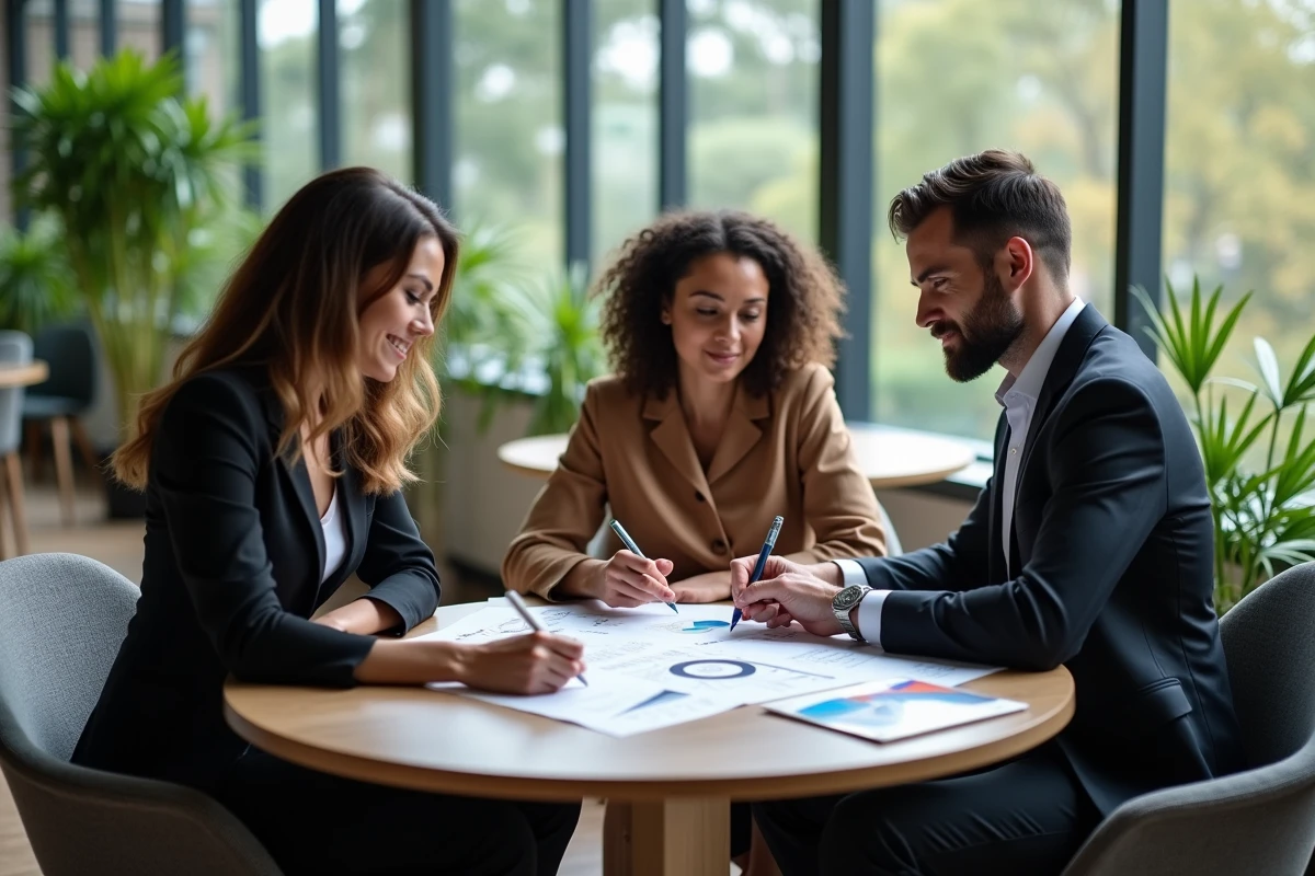 Groupe de professionnels analysant des graphiques dans un espace de travail