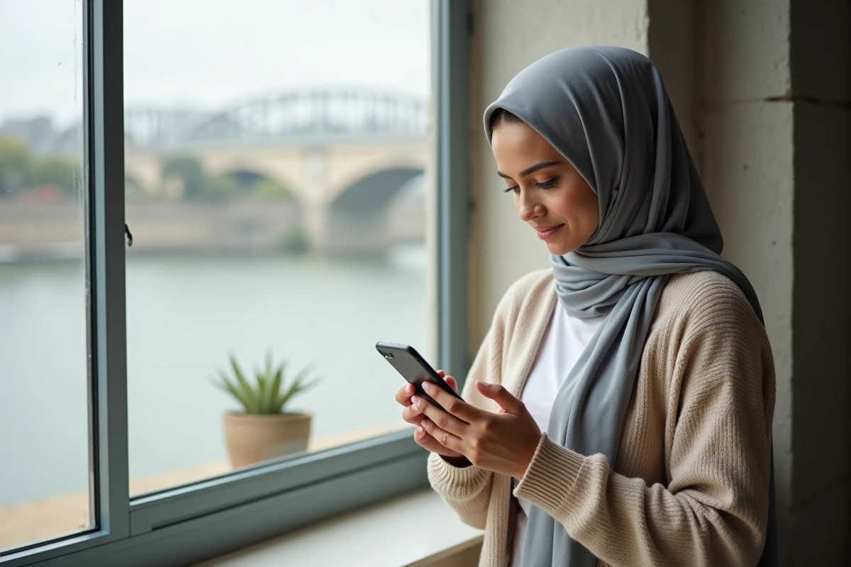 Jeune femme paramétrant les rappels de prière sur son téléphone avec vue sur Bordeaux