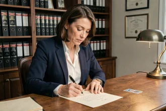 Femme professionnelle rédigeant une lettre recommandée avec accusé de réception à son bureau