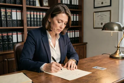 Femme professionnelle rédigeant une lettre recommandée avec accusé de réception à son bureau