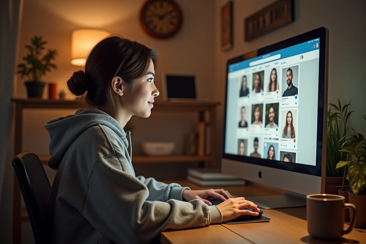 Jeune femme consultant anonymement des stories Instagram sur un grand écran de bureau depuis son bureau à domicile