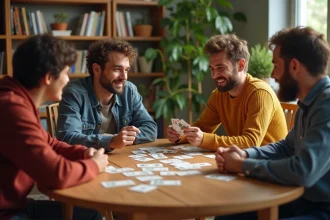 Groupe d'adultes jouant aux cartes avec les règles du jeu de palmiers étalées sur la table, l'un des joueurs semblant perplexe face aux règles