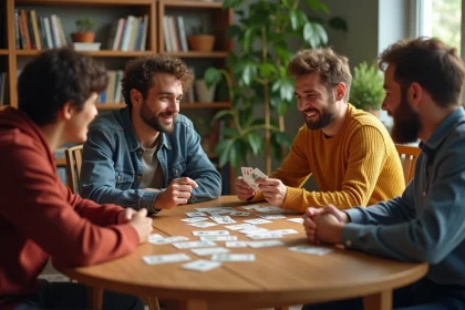 Groupe d'adultes jouant aux cartes avec les règles du jeu de palmiers étalées sur la table, l'un des joueurs semblant perplexe face aux règles