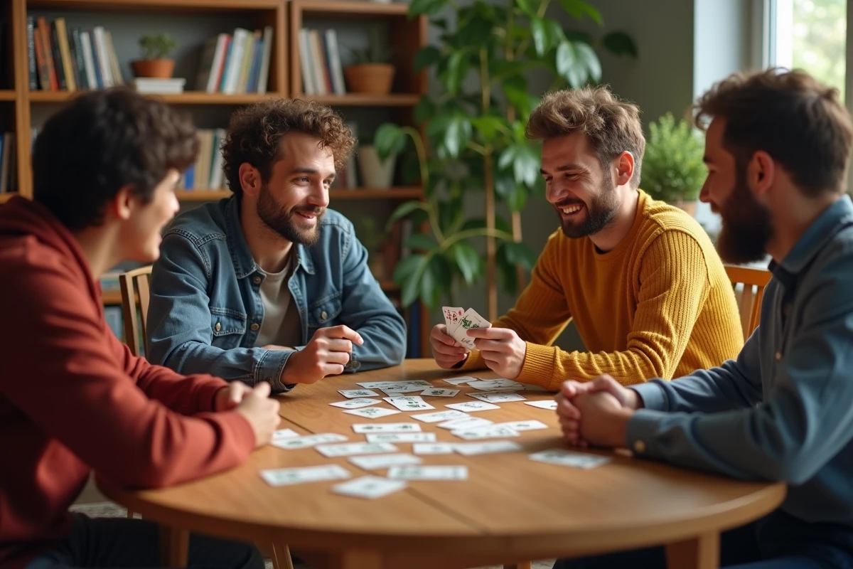 Groupe d'adultes jouant aux cartes avec les règles du jeu de palmiers étalées sur la table, l'un des joueurs semblant perplexe face aux règles
