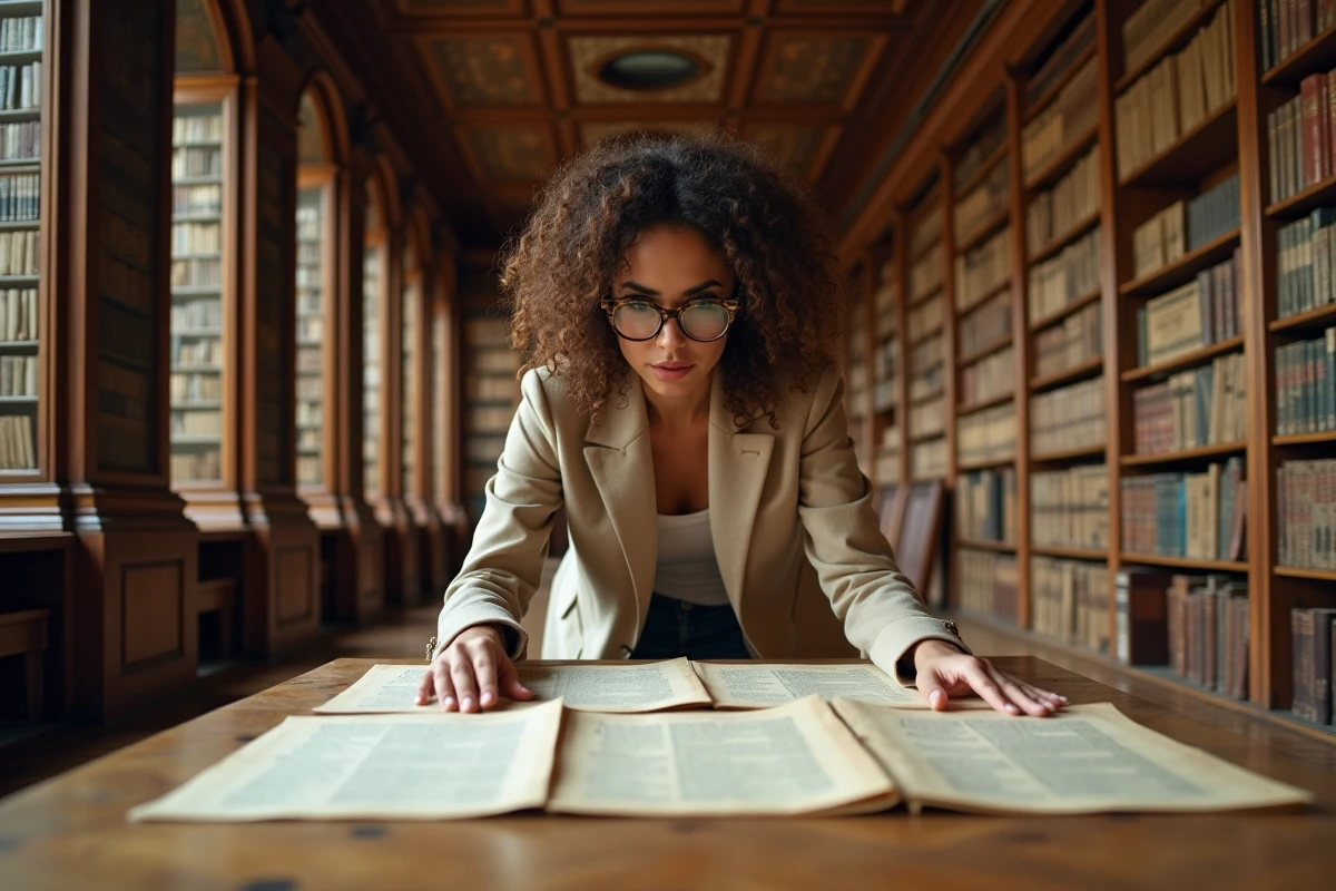Chercheuse consultant des archives historiques dans une salle de lecture parisienne, symbolisant la vérification de faits et l'enquête sur des rumeurs concernant l'origine de personnalités publiques