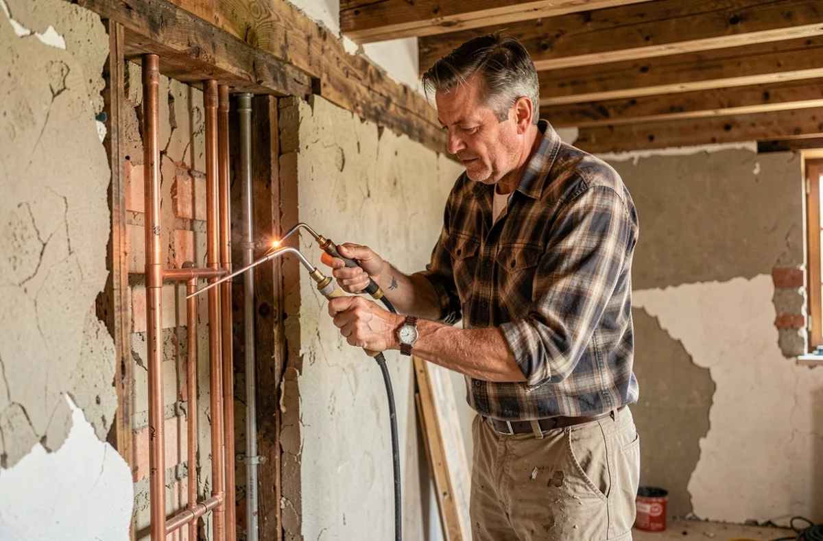 Artisan de Sarl Entasis posant des canalisations en cuivre dans une maison en rénovation dans le Jura