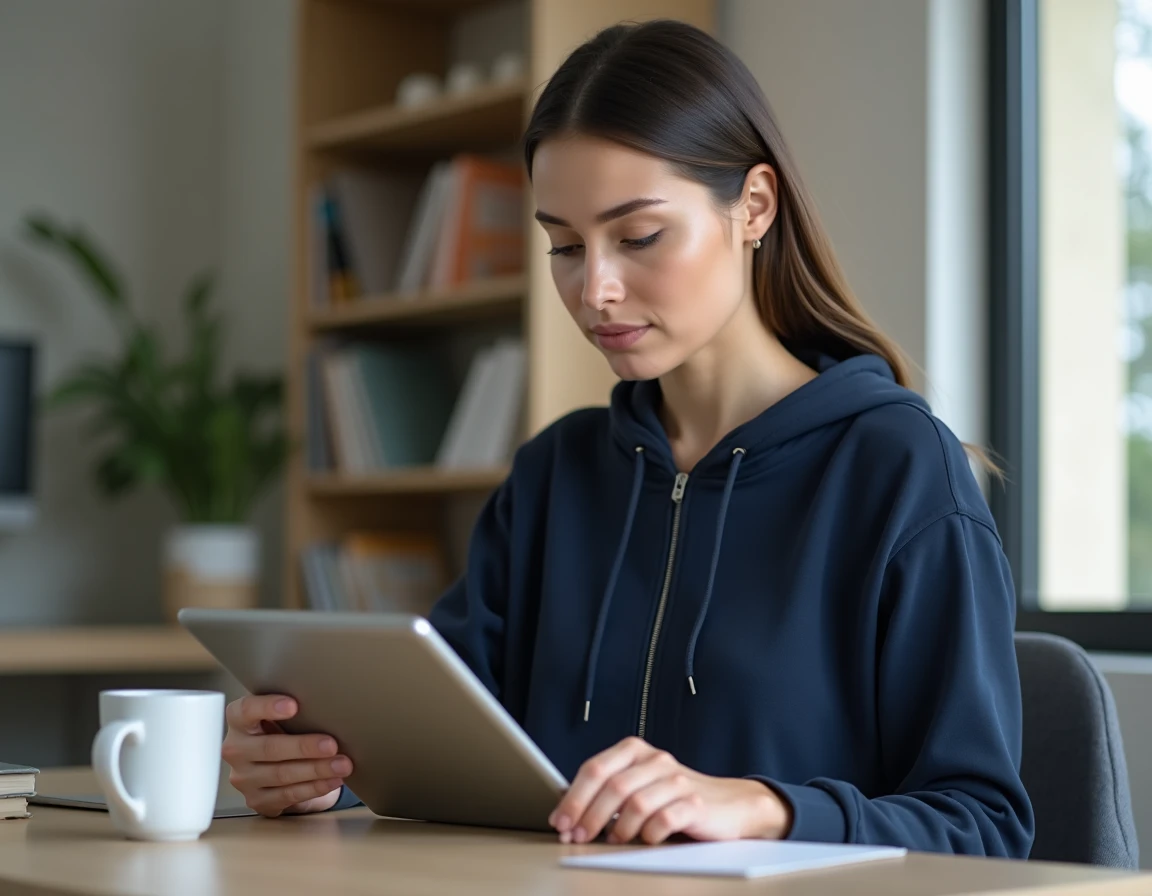 Femme utilisant une application de scan de pièce automobile sur tablette dans un bureau épuré