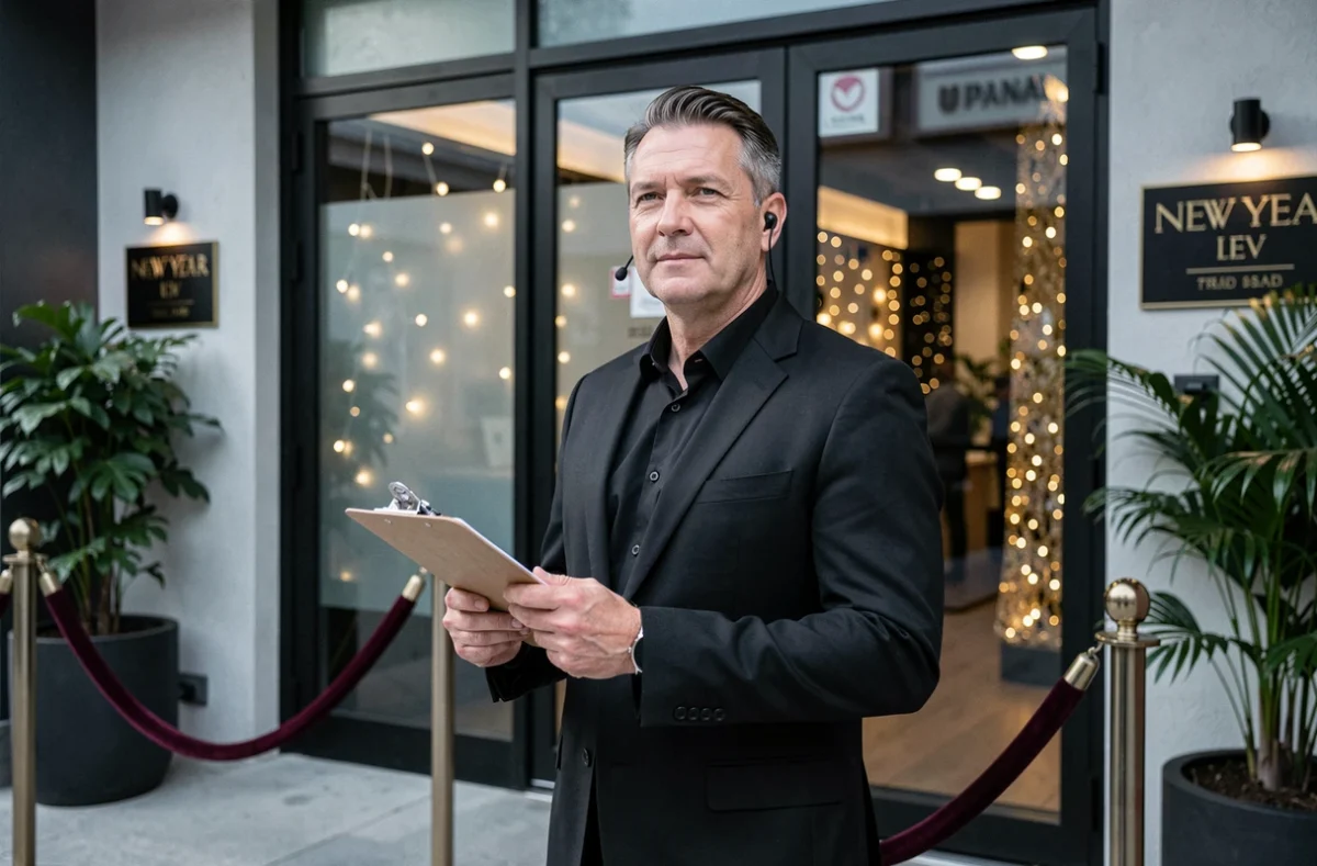 Agent de sécurité professionnel à l'entrée d'une soirée du Nouvel An organisée, tenant une liste d'invités devant un établissement festif