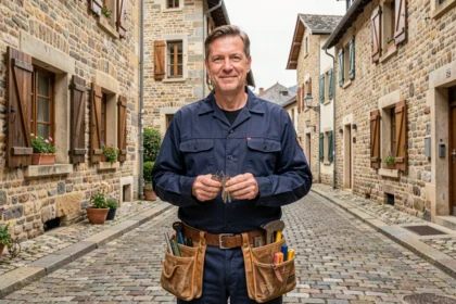 Serrurier professionnel en uniforme devant un bâtiment en pierre typique du Jura, illustrant les services de serrurerie d'urgence dans la région