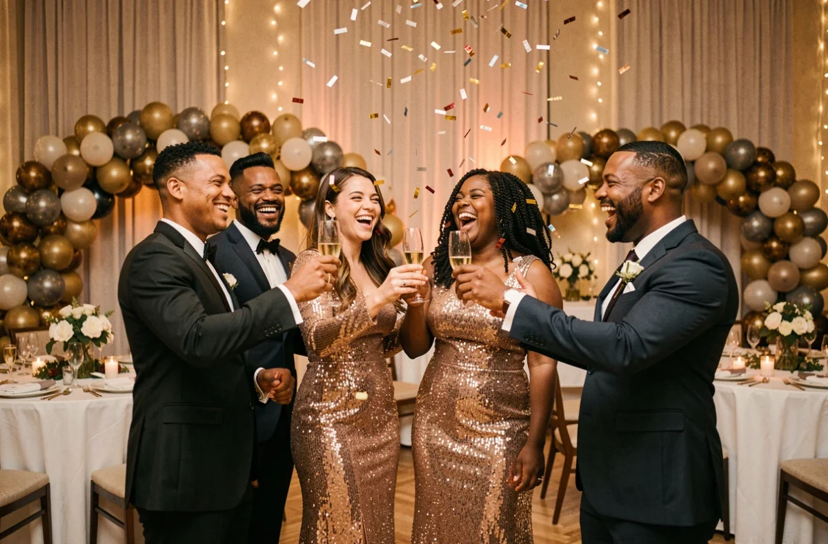Groupe d'adultes élégants portant un toast au champagne lors d'une soirée du Nouvel An organisée dans une salle de réception décorée