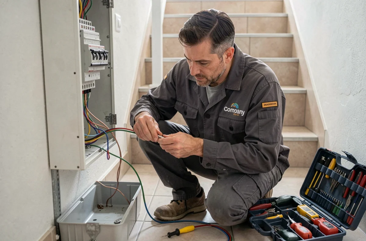 Technicien de SOS Bâtiment effectuant un raccordement électrique dans un appartement à Nancy