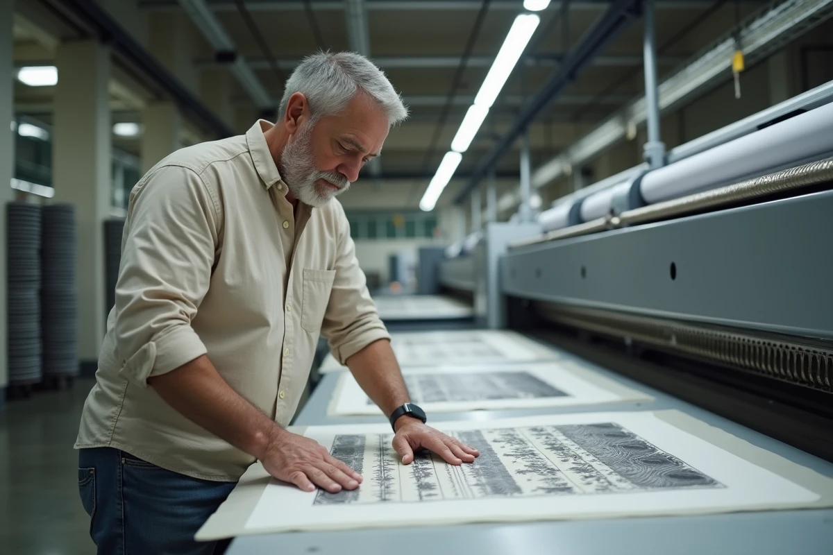 Homme textile examinant un tissu imprimé dans une usine moderne
