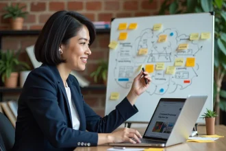 Femme professionnelle élaborant une stratégie digitale engagée sur un tableau blanc dans un espace de co-working