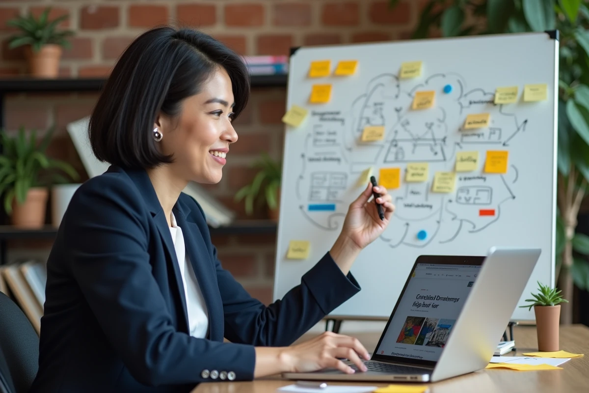 Femme professionnelle élaborant une stratégie digitale engagée sur un tableau blanc dans un espace de co-working