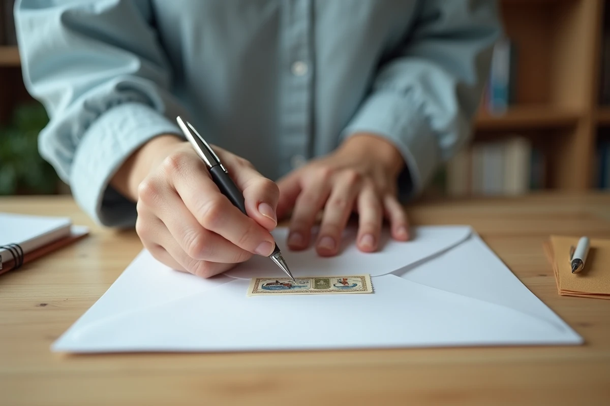 Femme collant un timbre dans le coin supérieur droit d'une enveloppe horizontale sur un bureau en bois