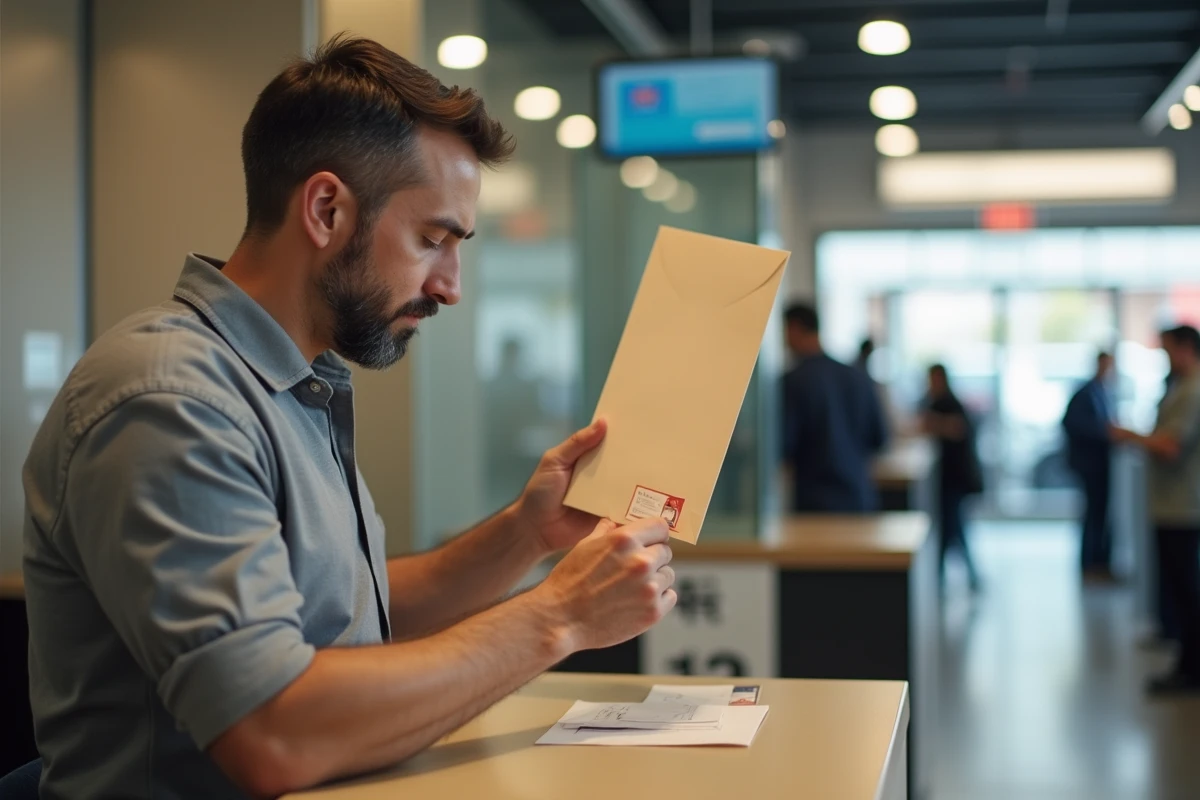 Homme en train de coller un timbre sur une enveloppe verticale au guichet d'un bureau de poste