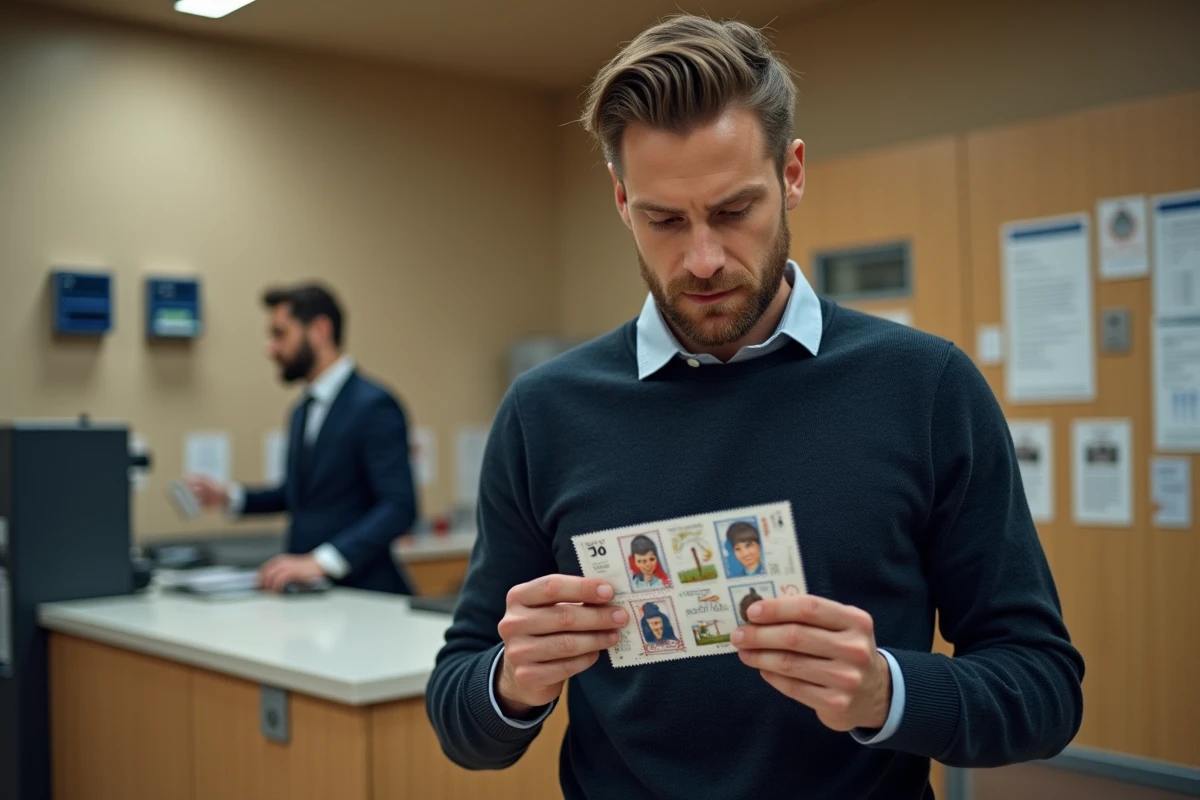 Homme examinant des timbres postaux au guichet d'un bureau de poste pour affranchir son courrier en 2026